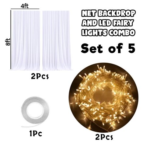 Party Decoration Combo 2 Pcs White Net Curtains with light